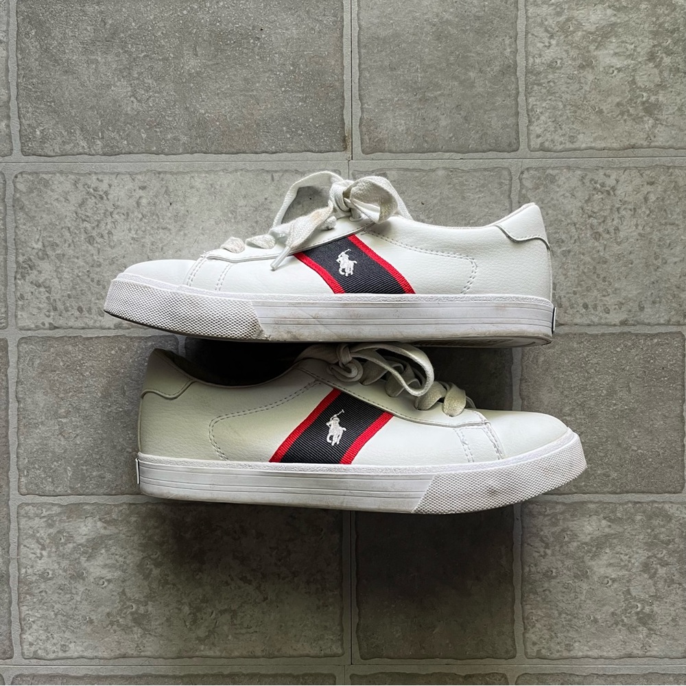 White and Red Polo Ralph Lauren Trainers Size 3 Boys